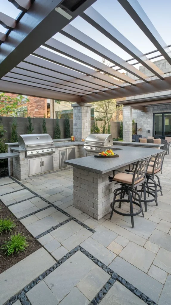 Expansive Stone Island with Dual Grills and Bar Seating