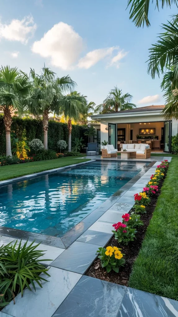 Sleek Rectangular Pool with Palm Trees and Colorful Flower Beds