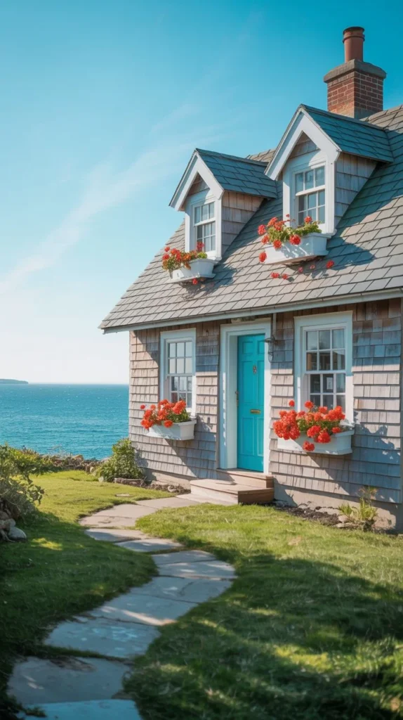 Beautiful Coastal Cottage with Bright Blue Door and Flower Boxes