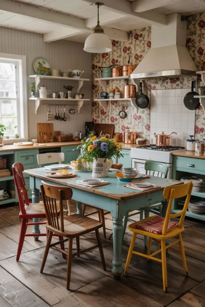Vibrant Painted Table with Eclectic Seating