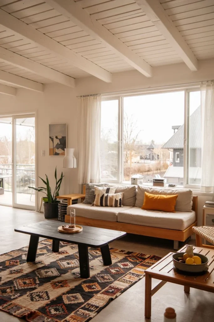 Colorful Rug and Wooden Beams