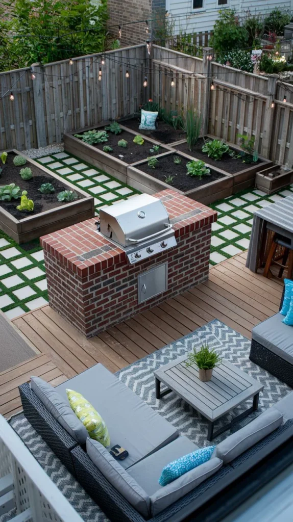 Brick Grill Station on Deck with Raised Garden Beds