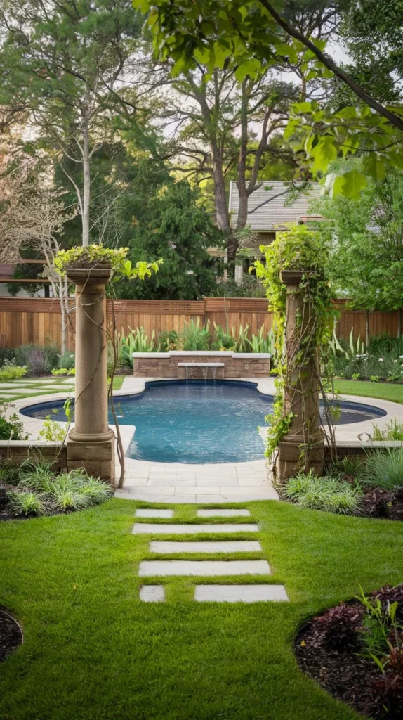 Grand Pool Entry with Columns and Waterfall Feature