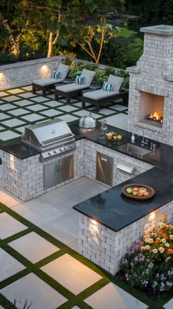 White Brick Outdoor Kitchen with Fireplace and Sink