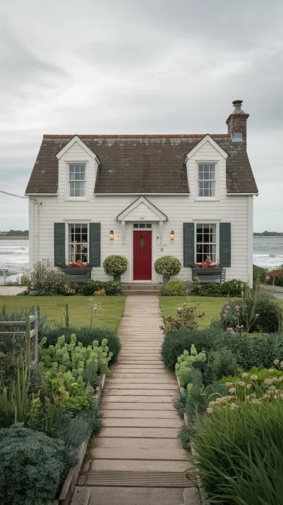 White Cottage with Red Door and Garden Pathway