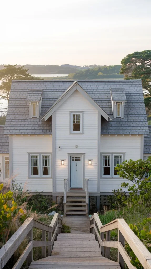 White Cottage with Steep Wooden Stairs