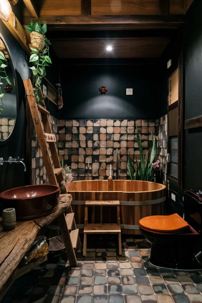 Bold Tiles and Wooden Tub