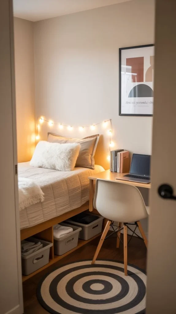 Warm String Lights and Wood Elements