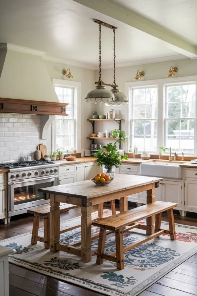 Rustic Wooden Farmhouse Table with Benches