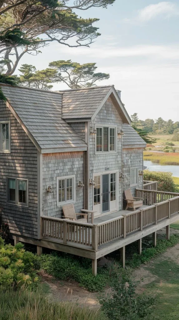 Grey Shingle House with Large Deck and Water View