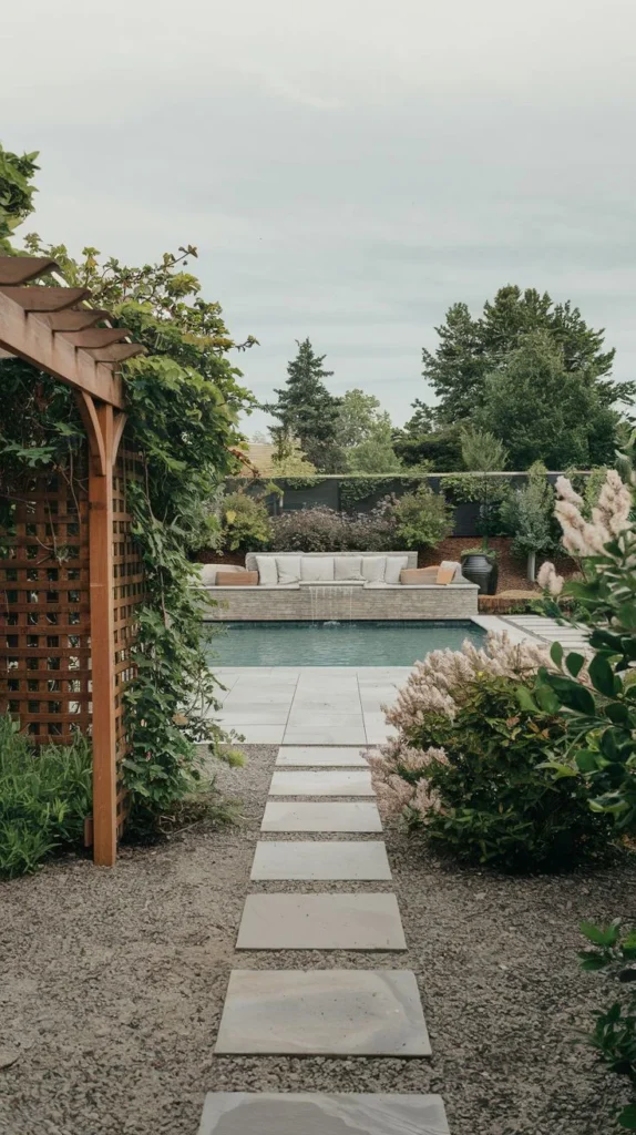Gravel Path Pool with Vine-Covered Pergola