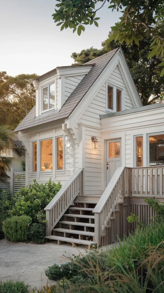 White Cottage with Multiple Sets of Steps and Railings