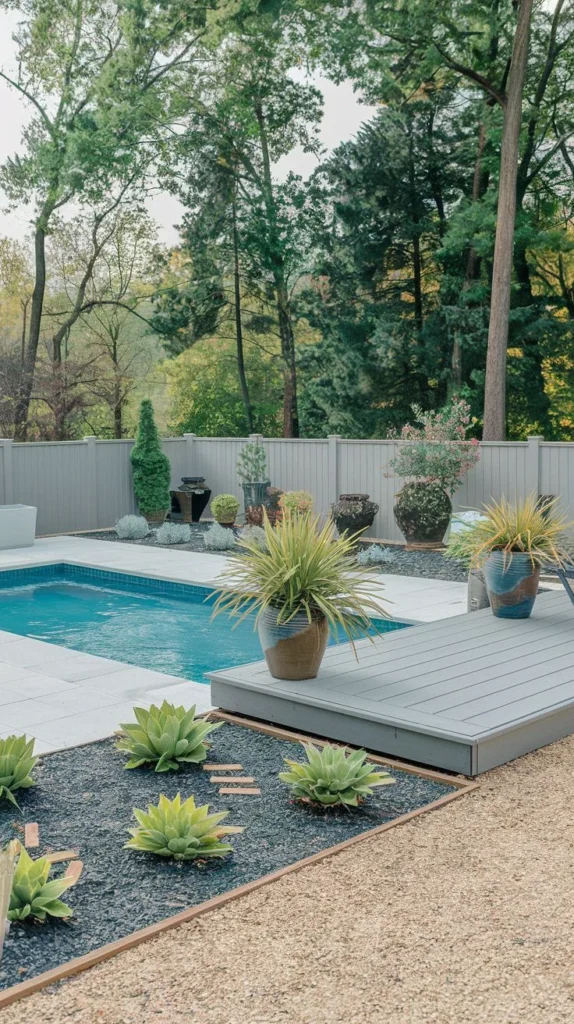 Gravel Garden with Deck and Potted Greenery