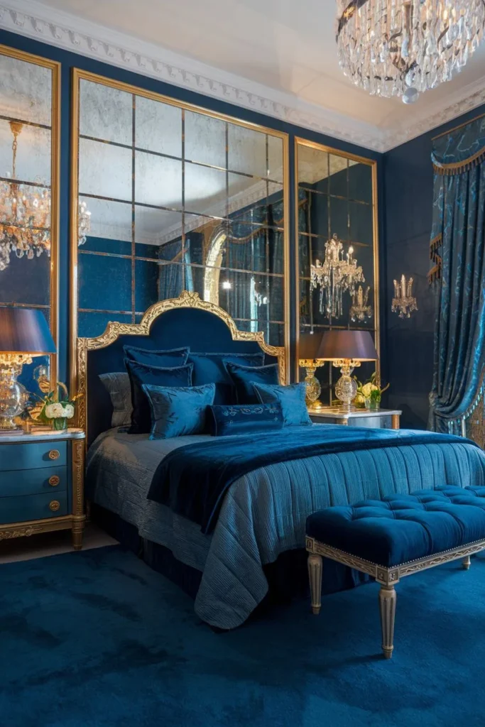 Deep Blue Bedroom with Mirrored Panels