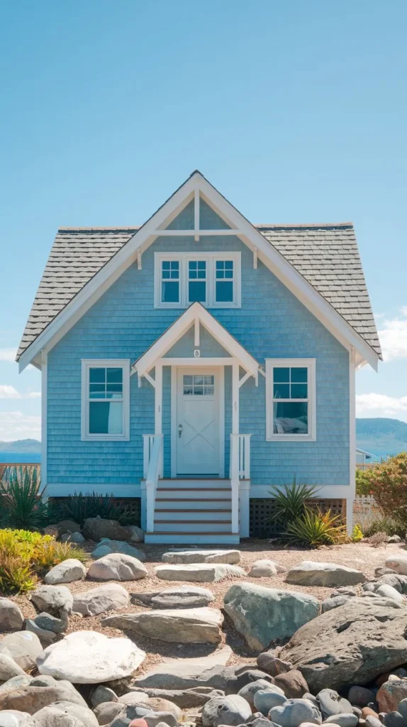 Bright Blue Cottage with Stone Path
