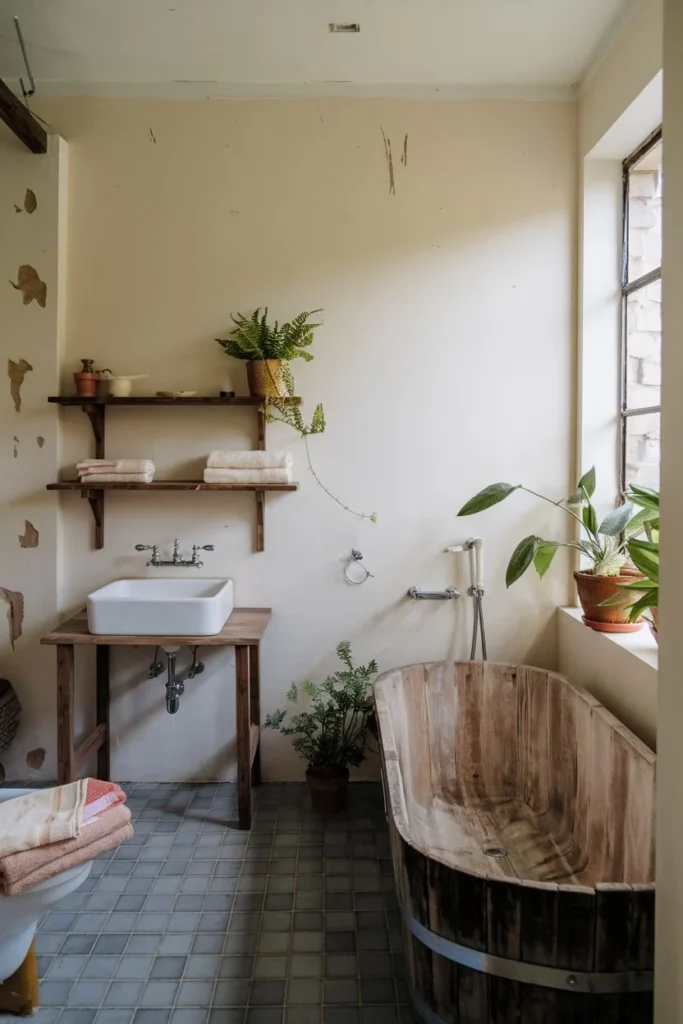 Distressed Walls and Blue Tiled Floor