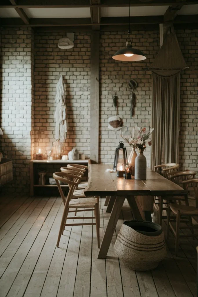 Serene Dining with Brick and Wood