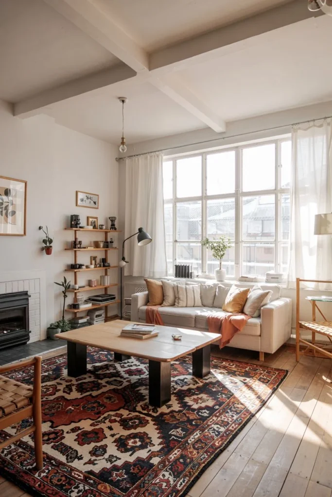 Rustic Touch with Exposed Beams and a Textured Rug