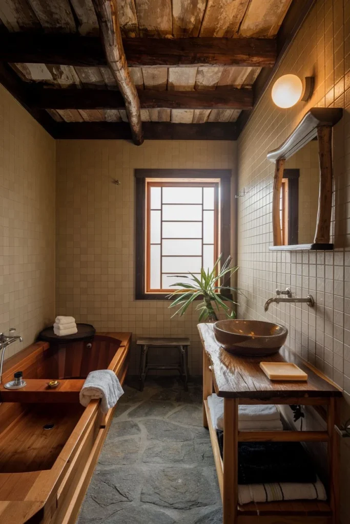 Earthy Tiled Bathroom with Stone Floor