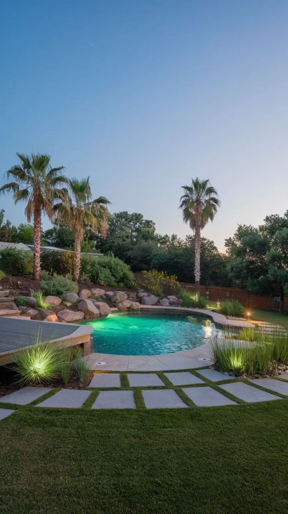 Freeform Pool with Natural Rock Features and Wooden Deck