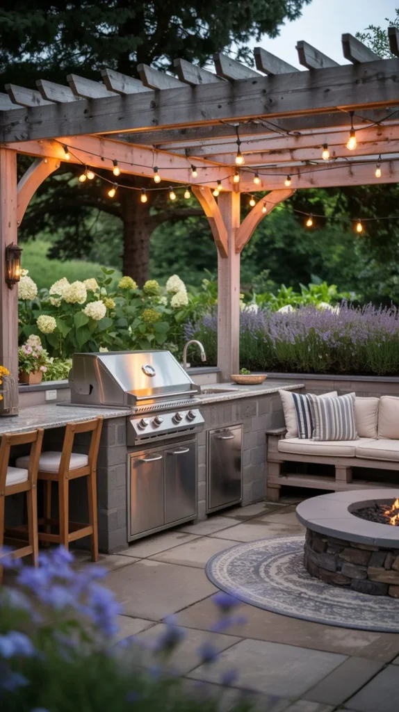 Rustic Pergola Grill Station with Sink and Fire Pit