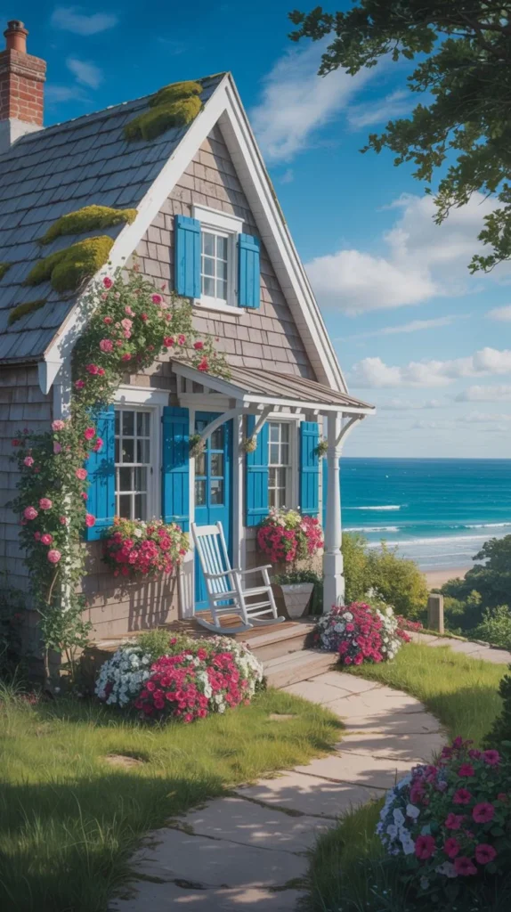 Charming Coastal Cottage with Blue Shutters and Ocean View