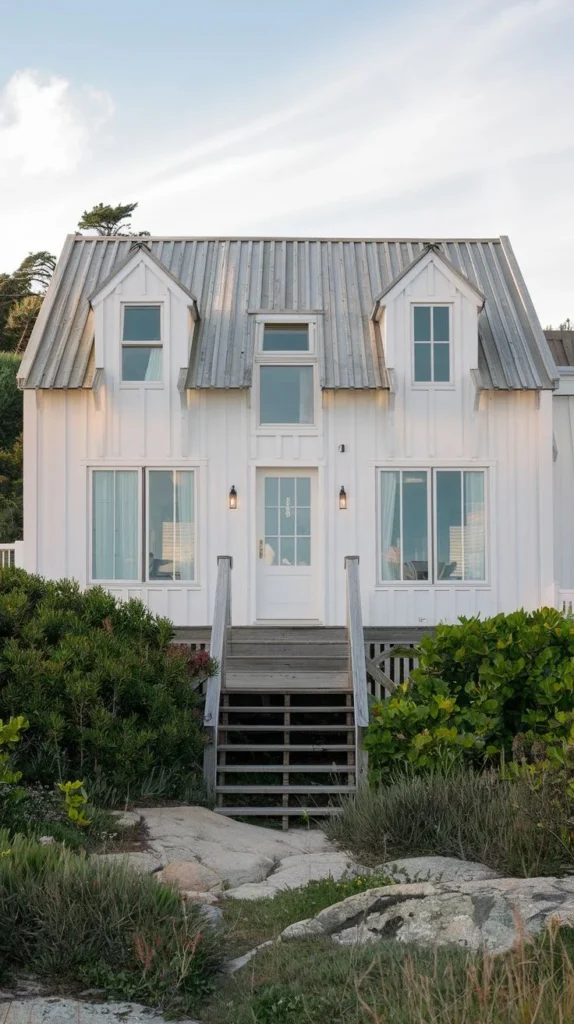 White House with Metal Roof and Multiple Dormers