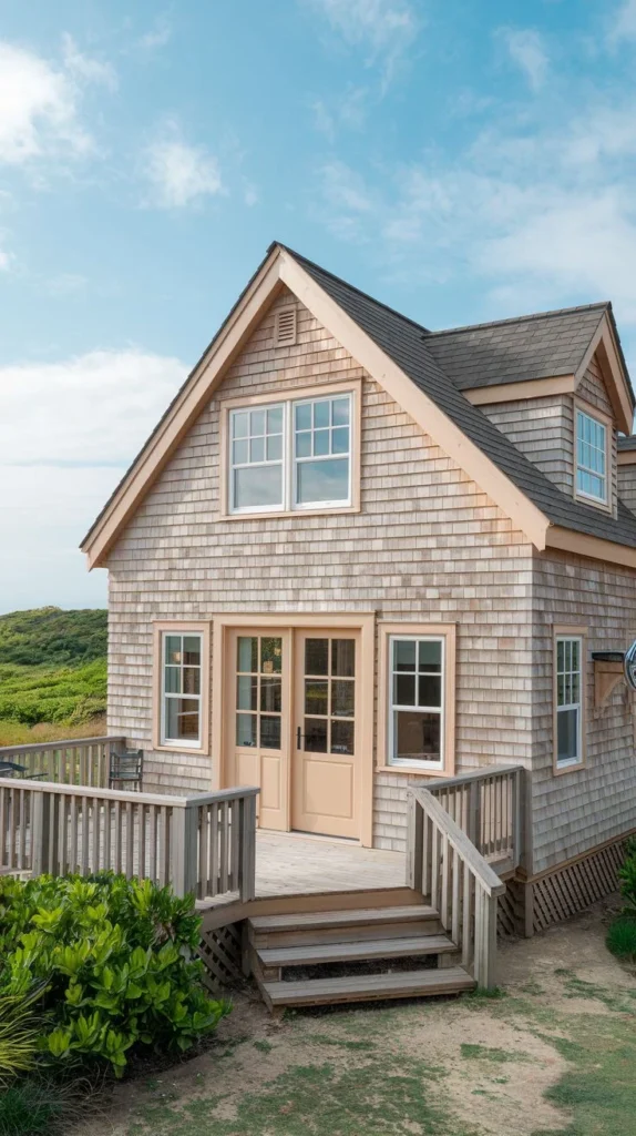 Shingle Cottage with Wooden Deck and Beige Doors
