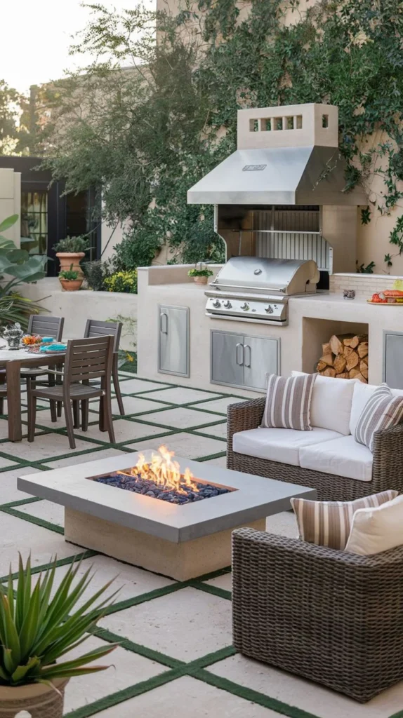 Built-In Grill Station with Fire Pit Coffee Table