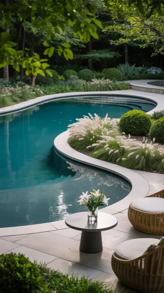 Curved Pool with Grasses and Sculpted Bushes