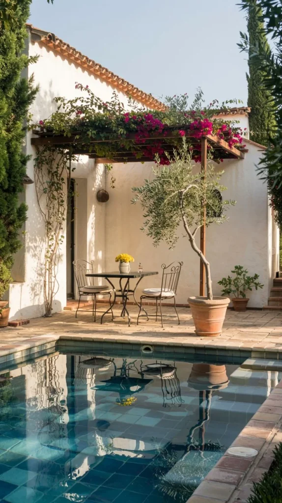Mediterranean Courtyard with Tiled Pool