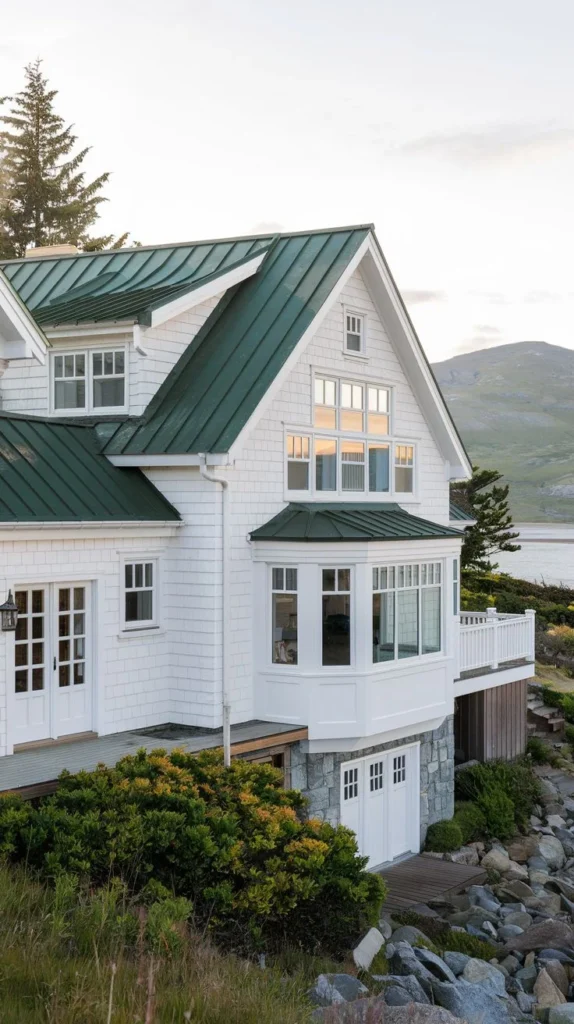 White House with Green Metal Roof and Bay Window