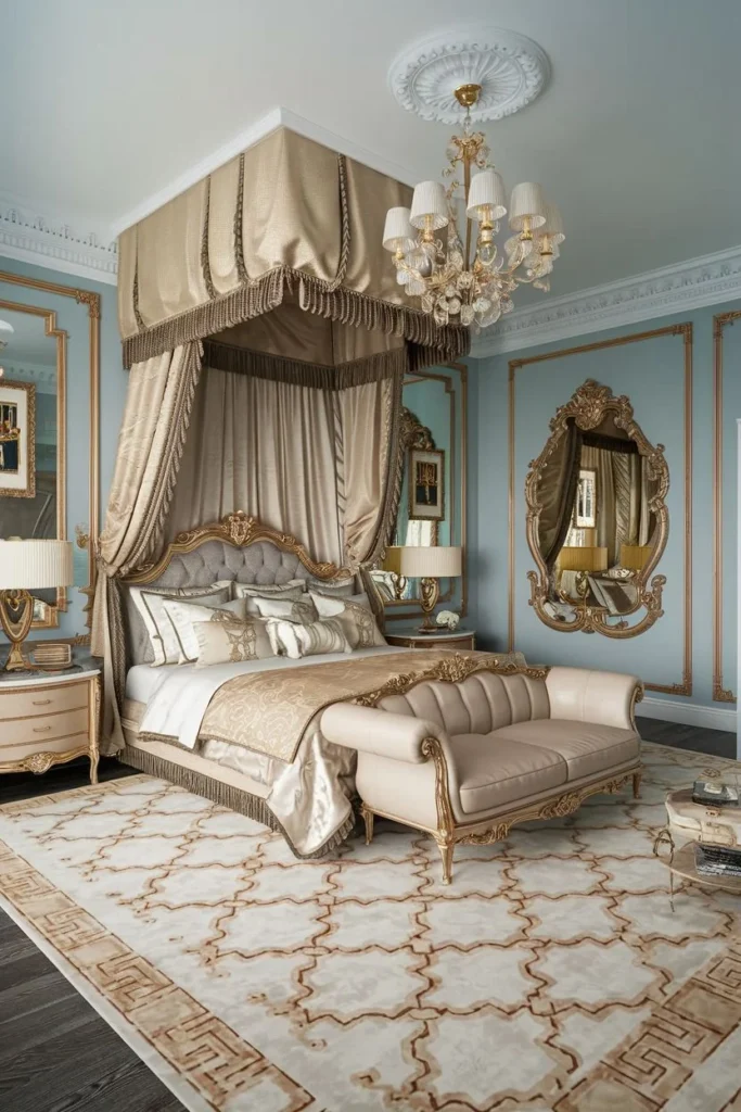 Light Blue and Gold Bright Bedroom