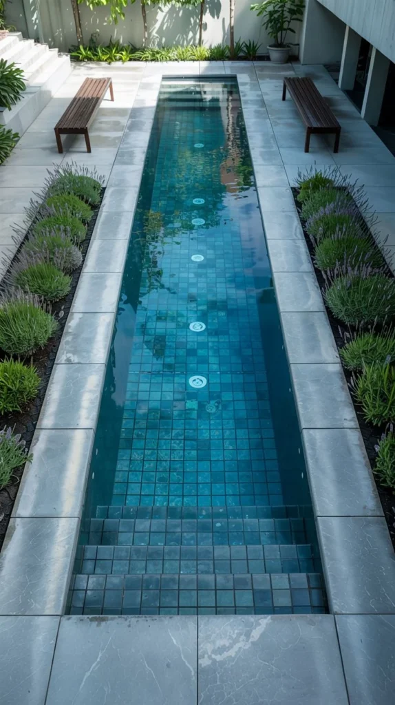 Narrow Lap Pool with Lavender Landscaping