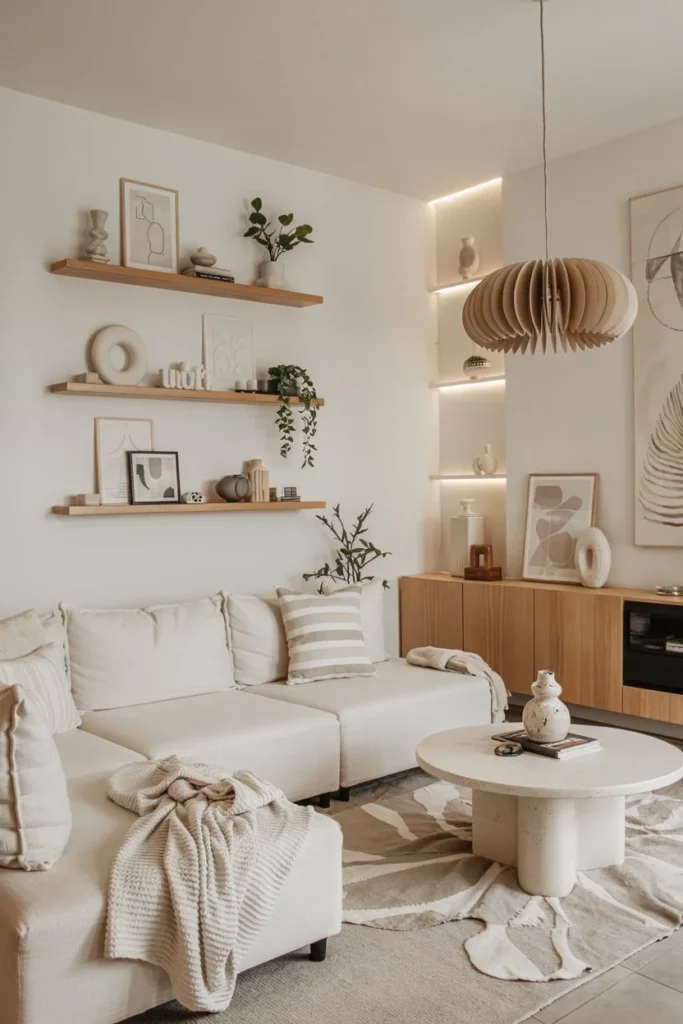 Art-Focused Living Room with Illuminated Shelves