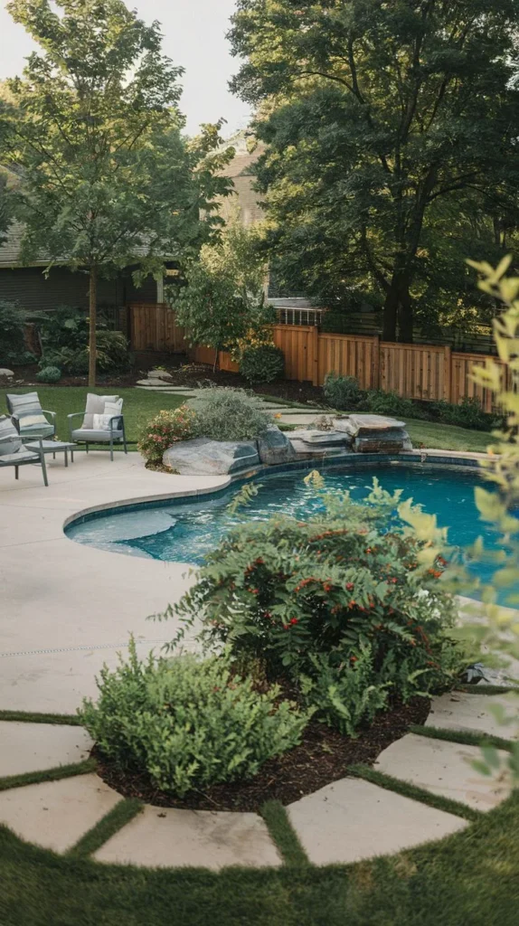 Curved Pool with Concrete Paving and Cascading Waterfall