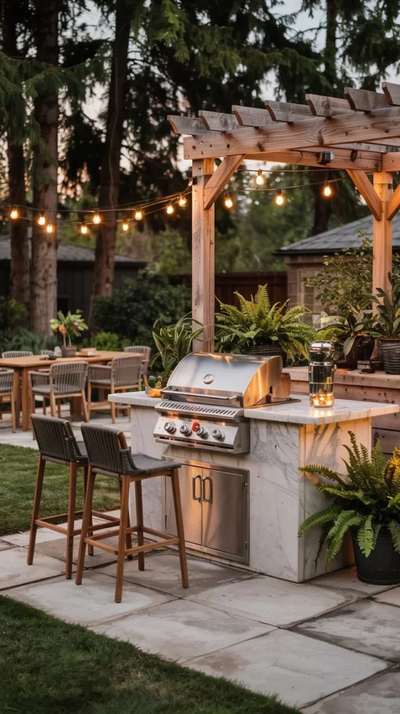 Marble-Top Island Grill Station under a Lighted Pergola