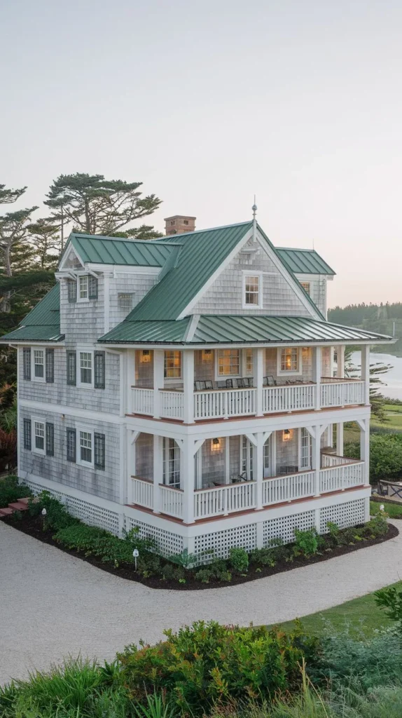 Grand Coastal Home with Wraparound Porches and Green Roof