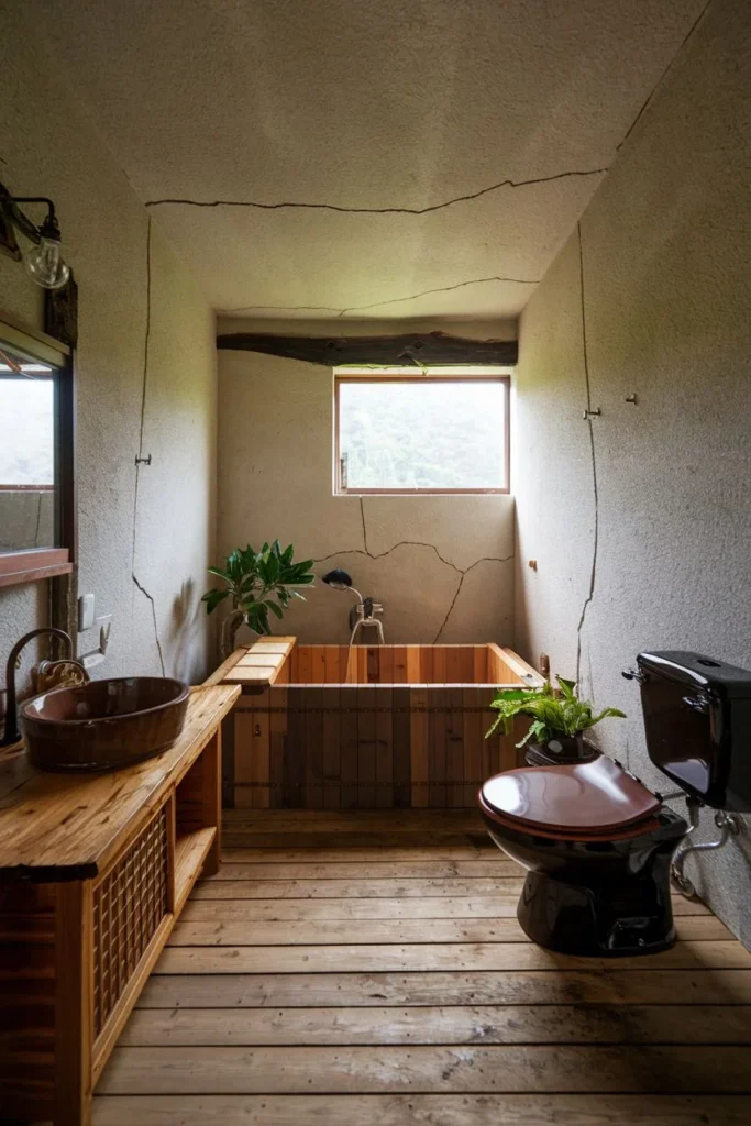Rustic Wooden Bathroom with Cracked Walls