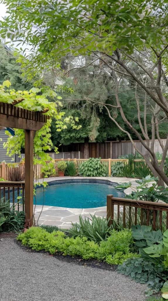 Pool with Stone Paving and a Vine-Covered Pergola