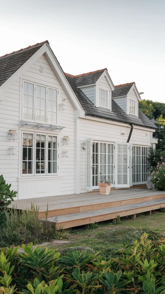 White Cottage with Large Windows and Deck