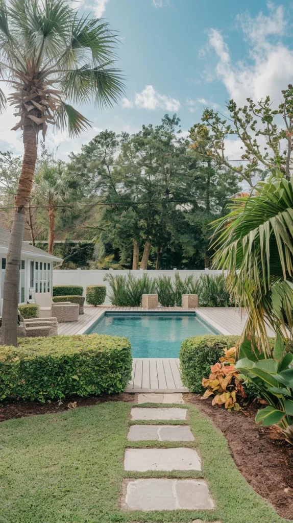 Rectangular Pool with Wooden Deck and Stone Pathway