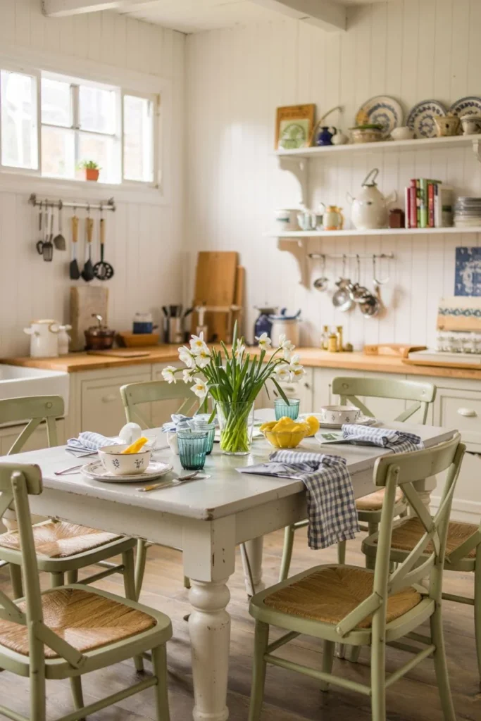 White Farmhouse Table with Cottage-Inspired Seating