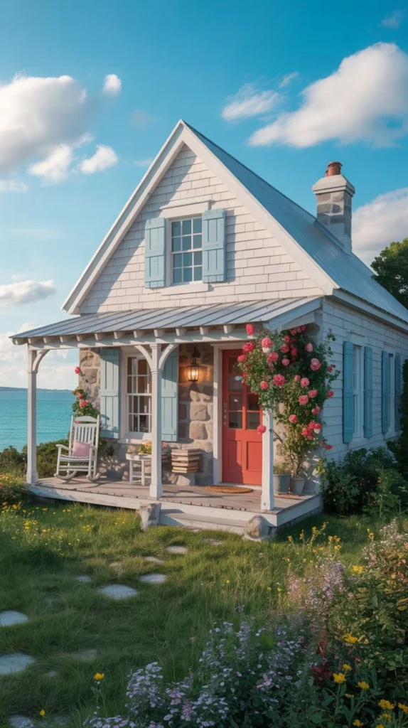 Idyllic Coastal Cottage with Stone Base and Red Door