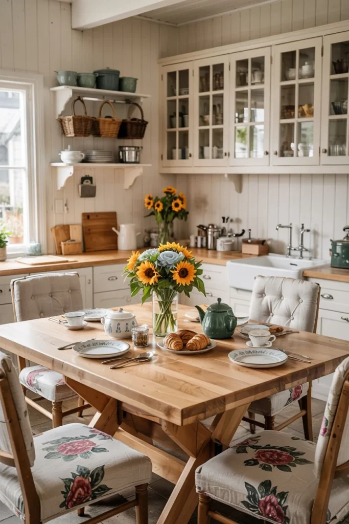 Natural Wood Table with Upholstered Floral Chairs