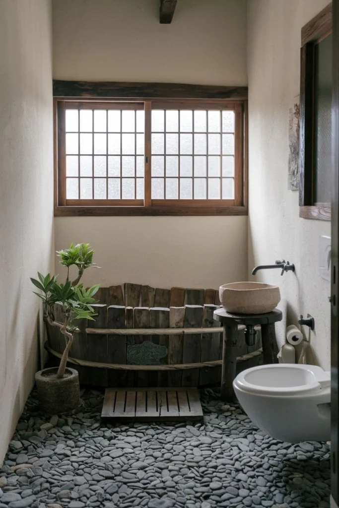 Pebble-Floor Bathroom with Barrel Tub