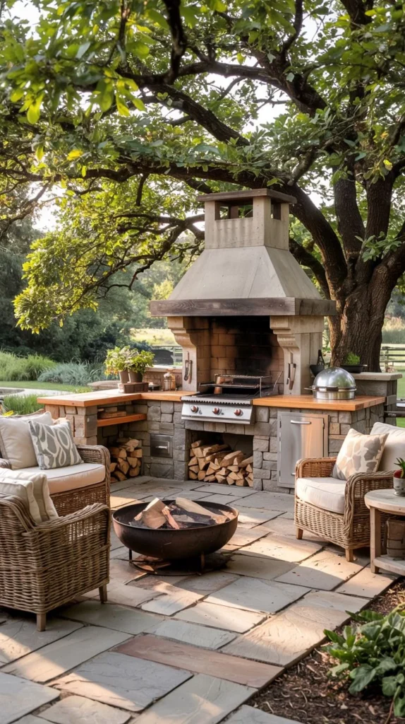 Grand Outdoor Kitchen with Fireplace and Grill
