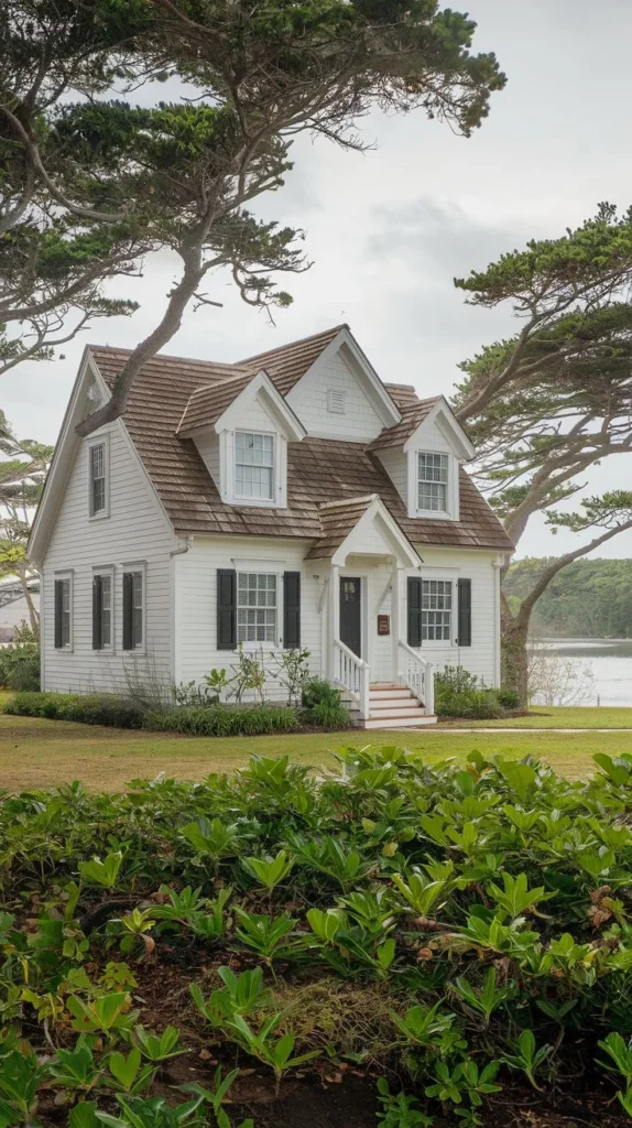 Classic White Cottage with Black Shutters and Gables