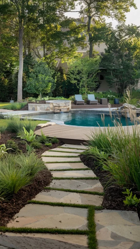 Curved Pool with Naturalistic Planting and Deck