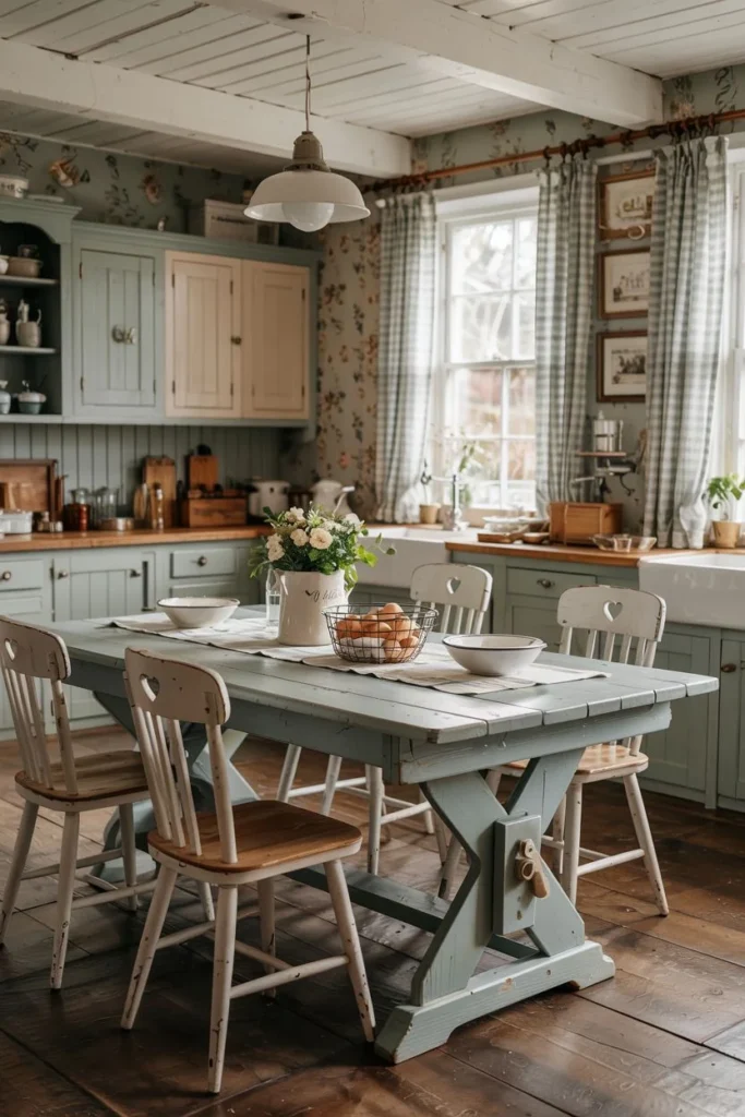 Distressed Grey Table with Heart-Cutout Chairs